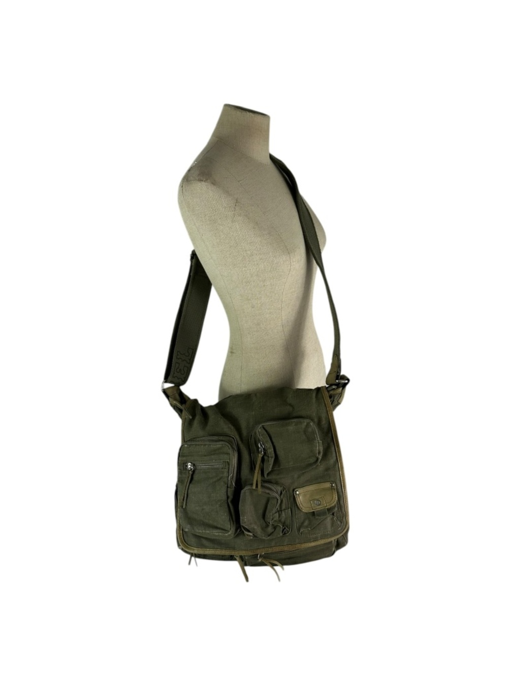 Genuine DIESEL Military Green Canvas Messenger Bag Cargo Style Pockets